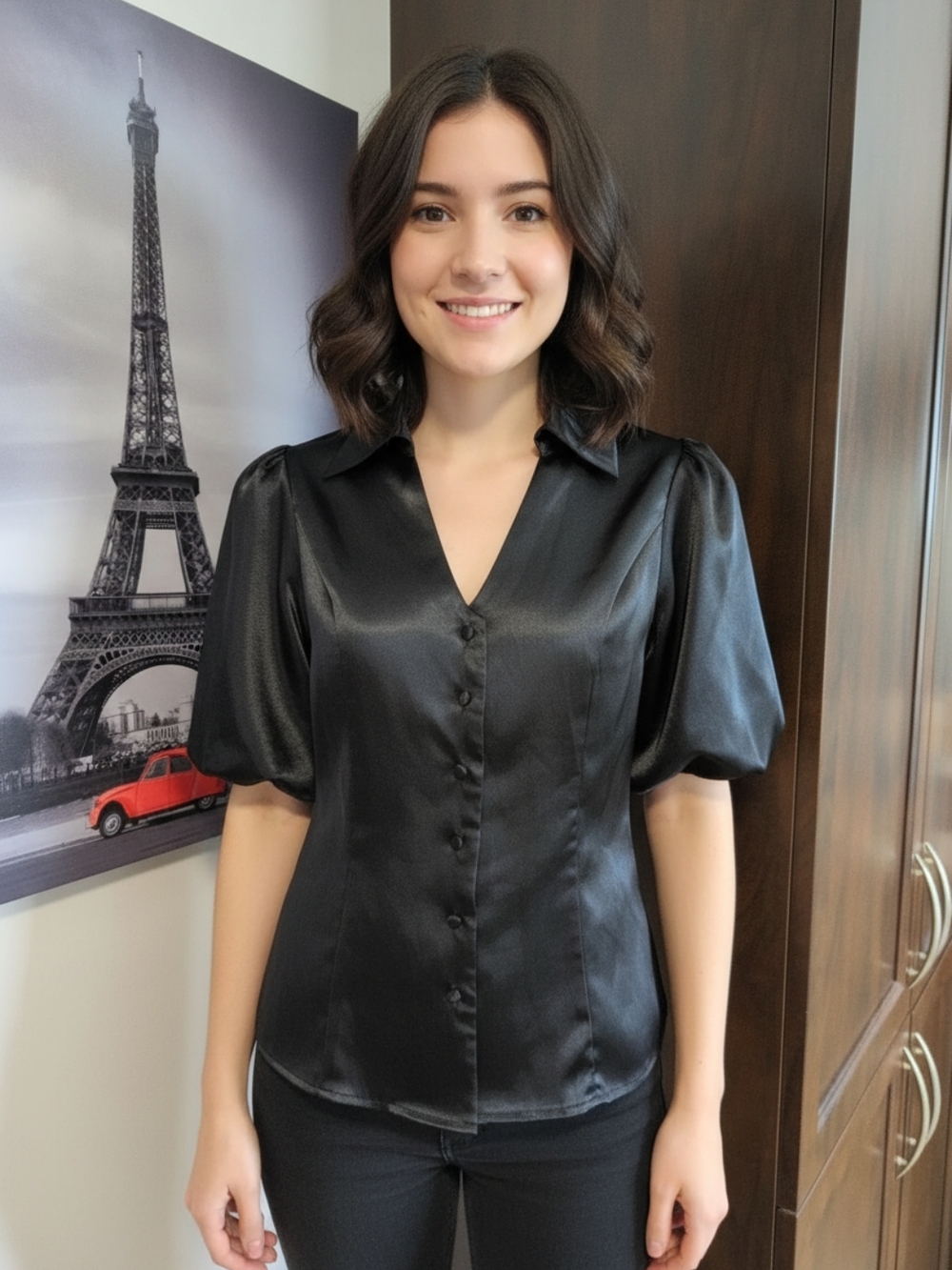 George Black Satin Puff-Sleeve Button-Down Shirt